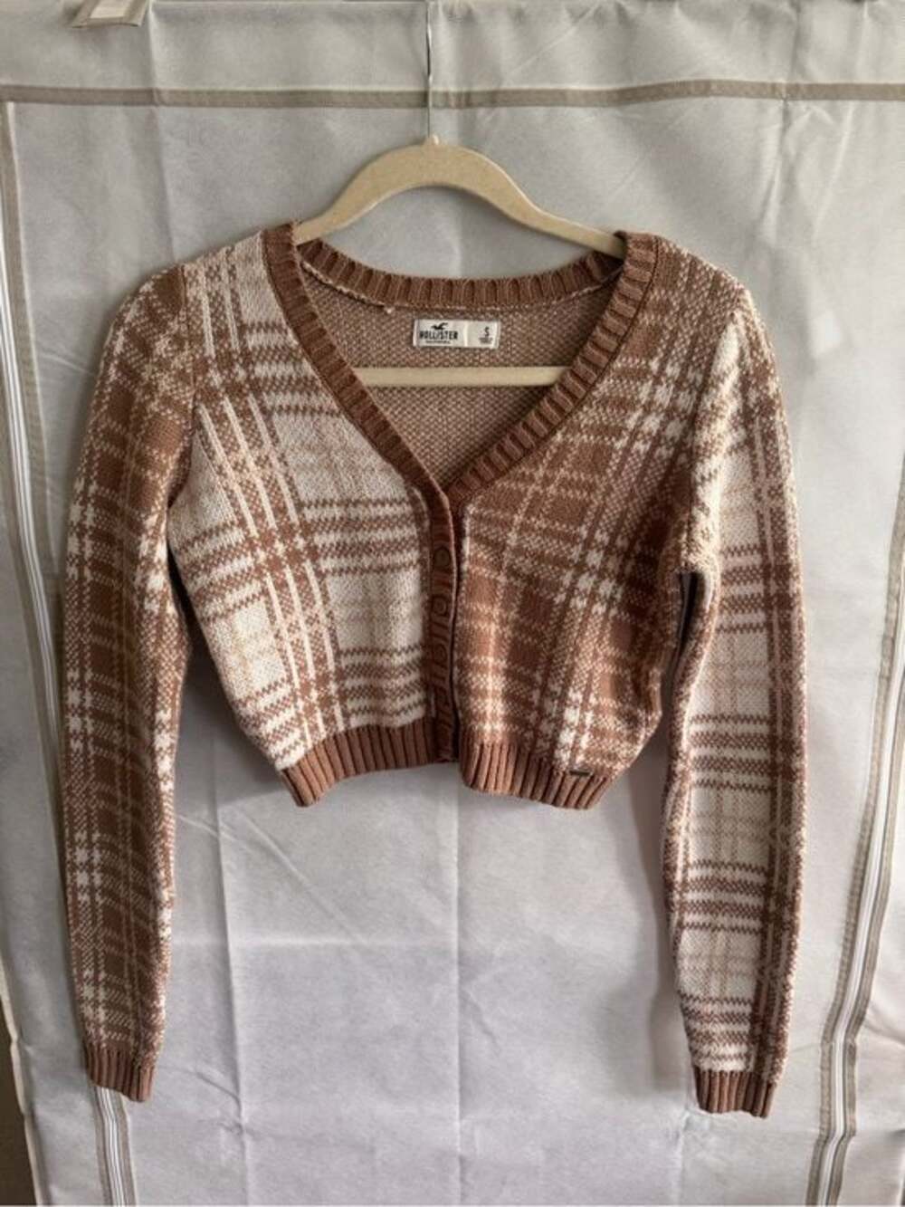 Hollister Women's Cropped Plaid Cardigan Sweater - Brown & Cream- Small